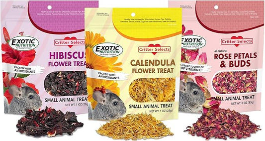 Exotic Nutrition Flower Treat 3 Pack - Healthy Assortment - Hibiscus, Calendula, Rose - for Squirrels, Guinea Pigs, Rabbits, Chinchillas, Prairie Dogs, Degus, Hamster, Gerbils, & Other Herbivores-PurrikoPets