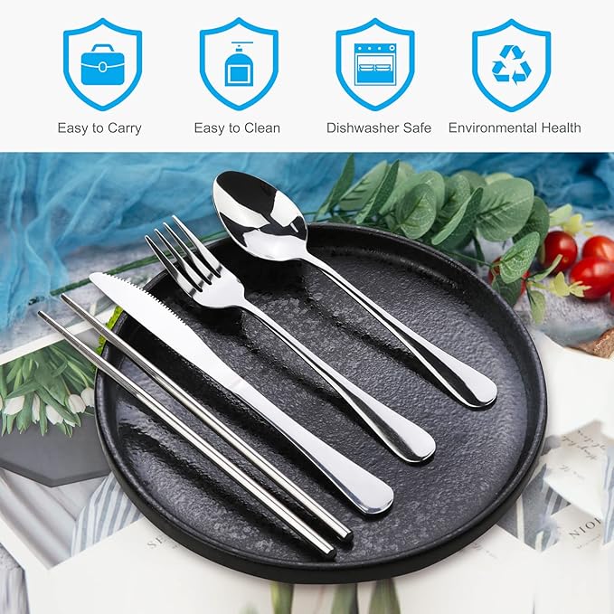 10PCS Portable Silverware Set with Case, Lengnoyp Travel Camping Utensils Set, Premium Stainless Steel Travel Cutlery Set, Reusable Safe Flatware Sets for Lunch Box/Workplace/Students, Silver-PurrikoPets