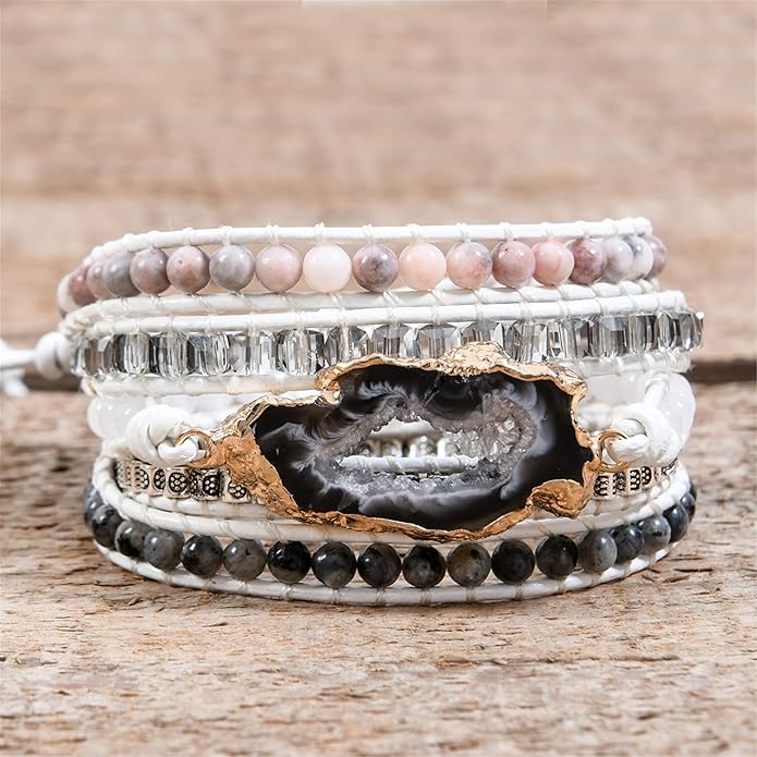 YGLINE Boho Handmade Wrap Leather Tube Crystal Stone Bracelet for Women