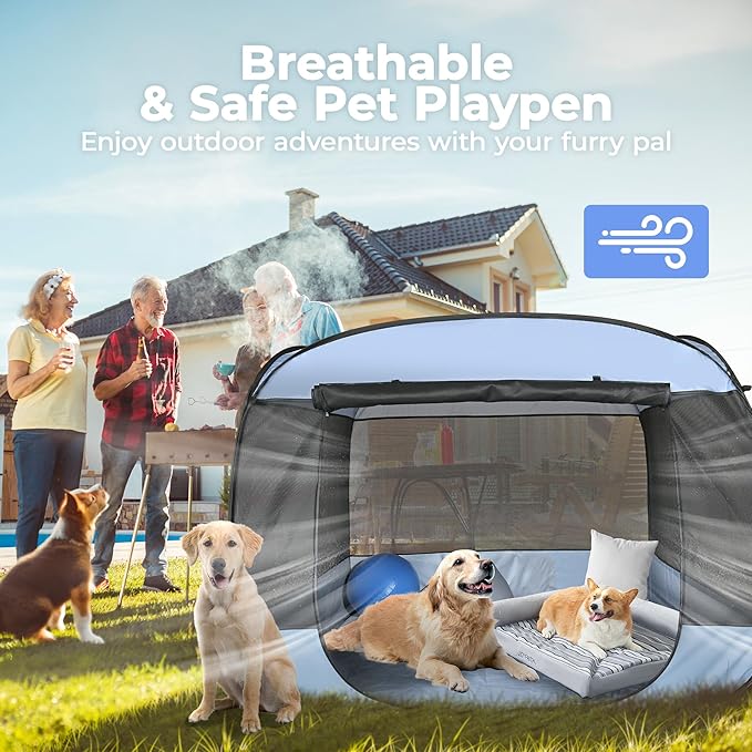 EighteenTek XLarge Popup Portable Dog Houses, 5.3'x4'H Assembly-Free Gazebo-Style Dog Cot Cat Playpen Screen Pet Tent Sun Shade Shelter Dog Bed with Canopy for Outdoor, Anti-Bugs with Leakproof Bottom-PurrikoPets
