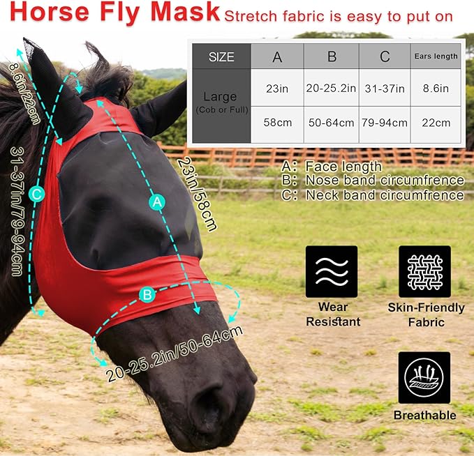 2 Piece Horse Fly Mask with Ears, Comfortable Fit Stretch Fabric Big Eye Space Soft Breathable with UV Protection for Full Horses (Red-Black)-PurrikoPets