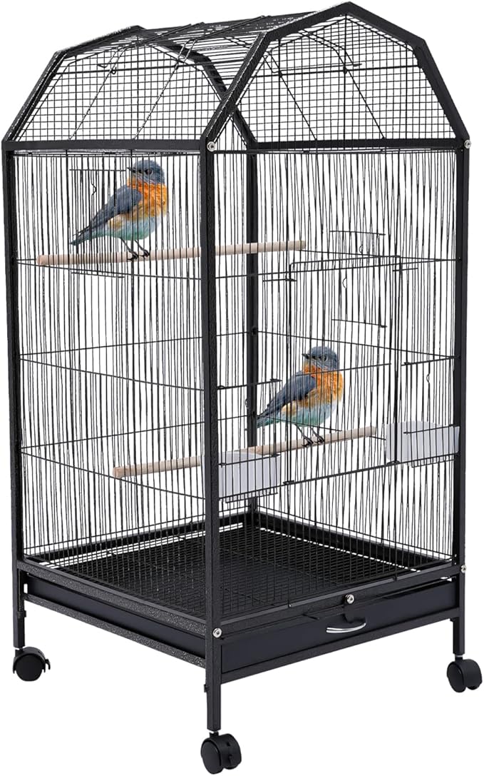 40-Inch Wrought Iron Bird Cage with Open-Top and Rolling Stand, Movable Parrot Cage Pet Bird Flight Cage, 360 Degree View Spacious Interactive Roof Pet Bird House for Medium&Small Birds-PurrikoPets