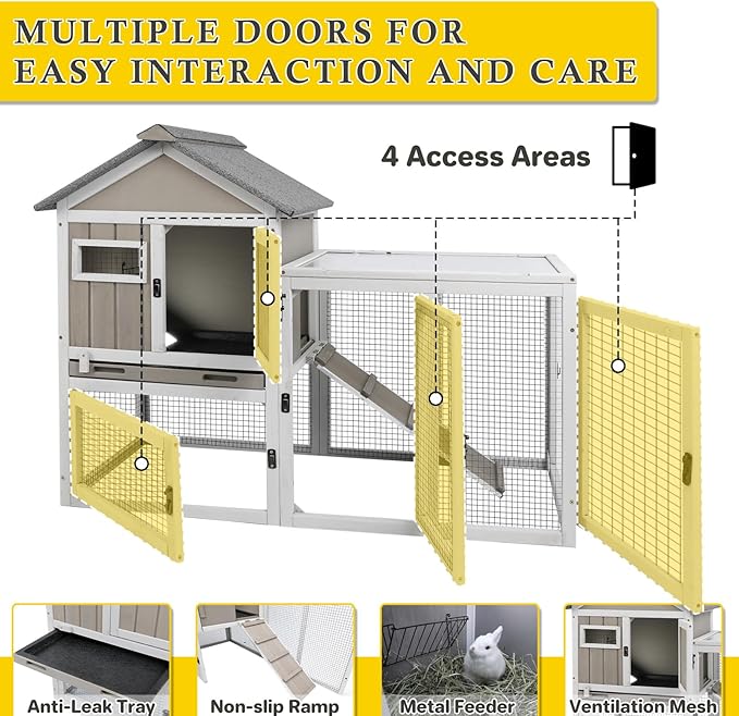 47''L Rabbit Hutch Outdoor Chicken Coop with Run, Wooden Indoor 2 Story Bunny House with Waterproof Roof, Pull Out Tray, Guinea Pig Rabbit Duck Cage for Small to Medium Animals and Pet Lover, Gray-PurrikoPets