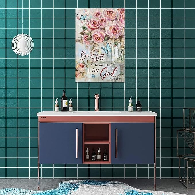 Farmhouse Rose Wall Art Christian Scripture Pictures Pink Rose Wall Decor Rustic Floral Butterfly Canvas Print Painting Artwork for Bathroom Living Room Bedroom 16"x24"-PurrikoPets