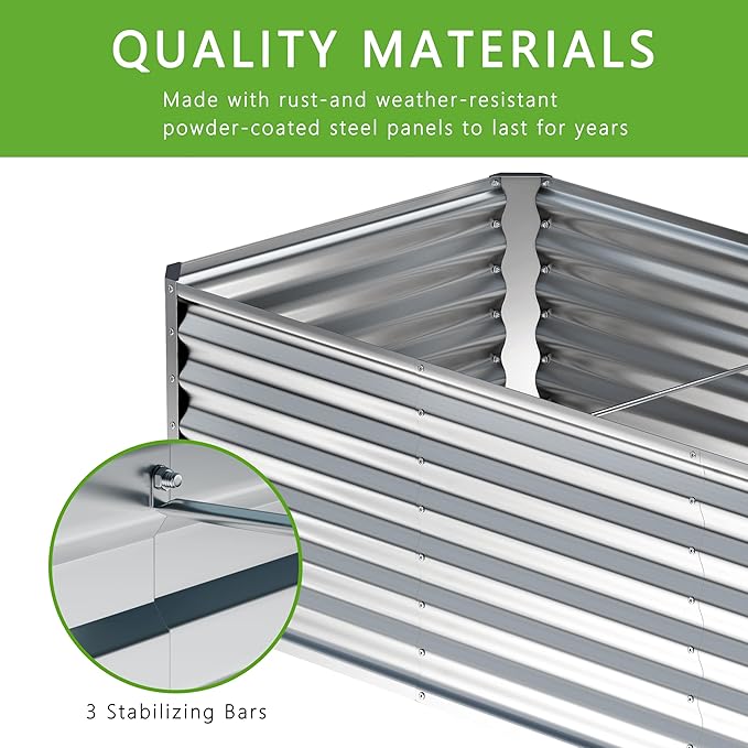 8x2x2FT Galvanized Raised Garden Bed,Planter Raised Beds-Metal Garden Box,Large Plant for Outdoor Planting, Vegetables Bed，Flower,herb-Sliver-PurrikoPets
