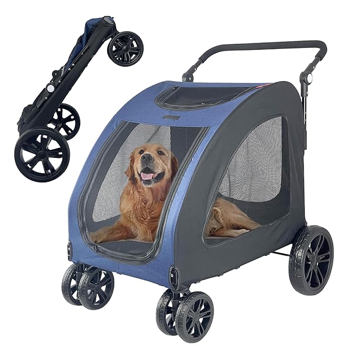 Extra Large Dog Stroller for Medium & Large Pets - Foldable Design, Adjustable Handle, Up to 130 lbs(Blue)-PurrikoPets