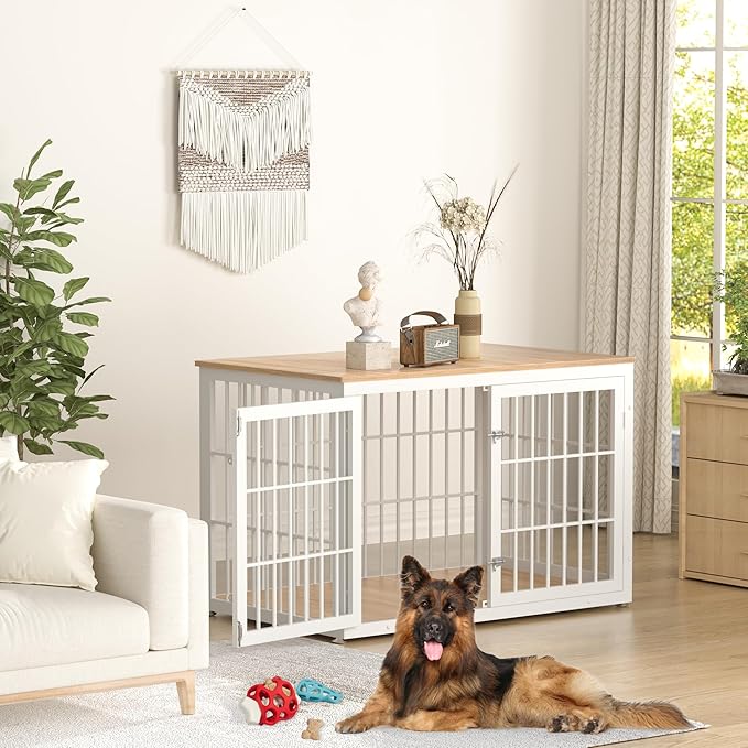 48 Inch Heavy Duty Dog Crate Furniture for Large Dogs, Decorative Pet House End Table, Extra Large Wooden Cage Kennel Furniture Indoor, Natural and White-PurrikoPets
