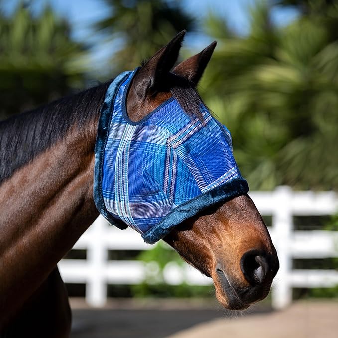 Kensington Fly Mask with Fleece Trim for Horses — Protects Face and Eyes from Flies and Sun Rays While Allowing Full Visibility — Breathable and Non Heat Transferring, Medium, Kentucky Blue-PurrikoPets