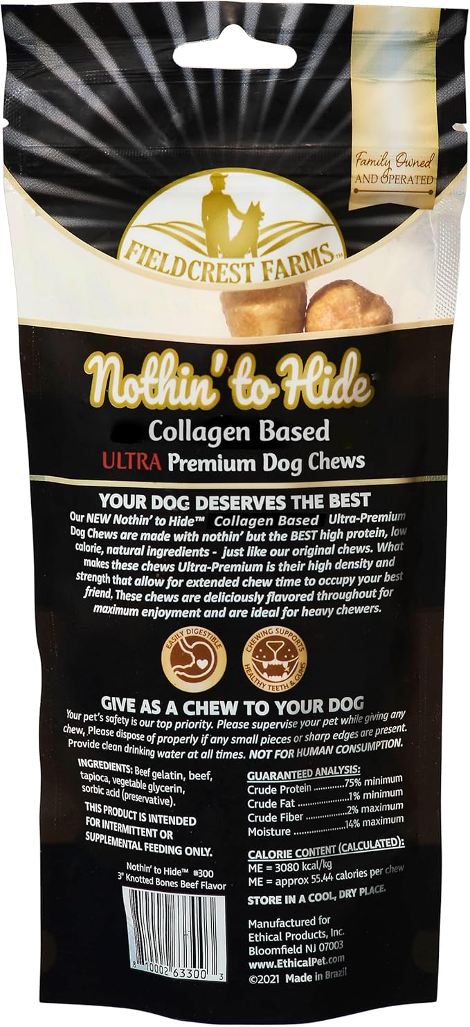 Fieldcrest Farms Nothin' to Hide 3 inch Ultra Knotted Bone Treats - Natural Rawhide Alternative Treats for Dogs, Collagen Based Snack for Heavy Chewers up to 15lbs - Beef Flavor, 12 Pack-PurrikoPets