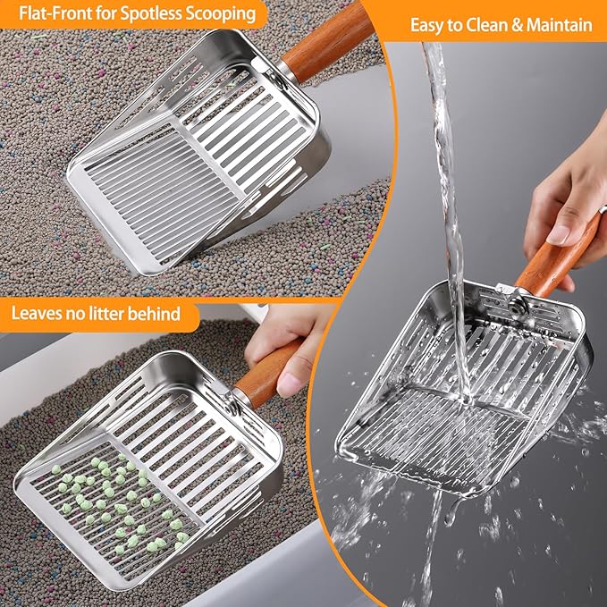 304 Stainless Steel Cat Litter Scoop, One-Piece Pressed Design with No Weld Spots, Durable Anti-Break Handle, Dual Slot Sizes, Easy to Clean, Filters Small Litter Clumps Litter Scoop-PurrikoPets