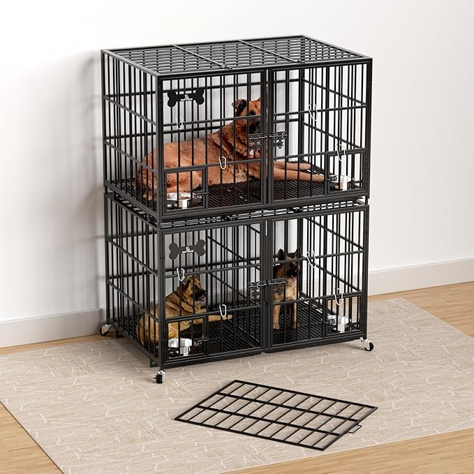 aboxoo 48 inch Stackable Heavy Duty Metal Dog Crate for 4 Dogs/Large Dog,All Metal Open Top Access,Escape Proof Cage,Dog Kennel Indoor with Wheels,Floor Grid, Tray, Divider and Feeding Bowl-PurrikoPets