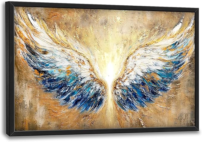 Extra Large Angel Wings Framed Wall Art for Living Room,Oversized Golden Wings Pictures Wall Decor,Holy Gold Blue Canvas Print Painting Modern Artwork Bedroom Office Bathroom 36L" x 24W"-PurrikoPets