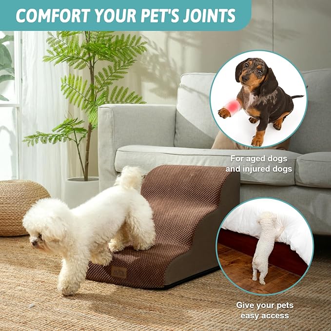 Dog Stairs for Small Dogs 15.7" H, Curved Dog Step for Puppy, Older Cat, Medium Pet Ramp for Sofa, Couch or Chair, Ladder with High Density Foam, 15.7x22.4x15.7 inch, 3 Step, Brown-PurrikoPets