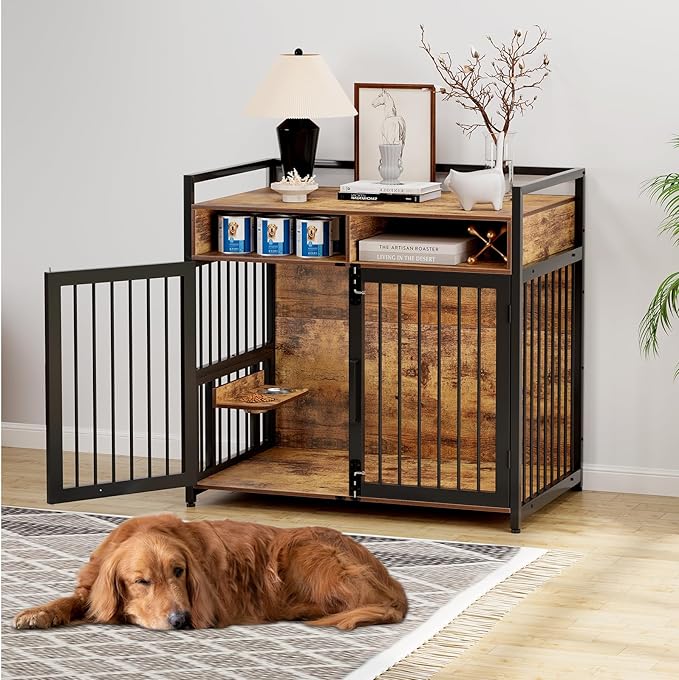 Furniture Style Dog Crate with Storage, 48 Inch Dog Crate Furniture with Double Doors, 2 Stainless Steel Bowls, Dog Crate Furniture-Style Crate for Large/Medium Dog-PurrikoPets