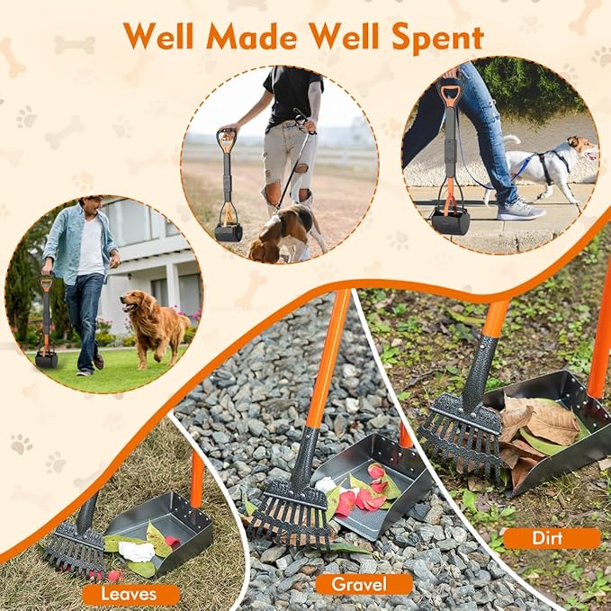 28" Pooper Scooper and 38" Heavy Duty Stainless Steel Rake & Tray Set, 3 in 1 Portable Dog Pooper Scooper Set for Large Medium Small Dogs in Grass, Dirt or Gravel-PurrikoPets