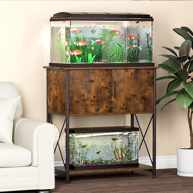 20-29 Gallon Aquarium Stand Metal Frame Fish Tank Stand with Cabinet Storage, for 20 Gallon Long Aquarium,30.7" L*16.5" W Tabletop,330LBS Capacity Rustic Brown and Black PG01YGN-PurrikoPets