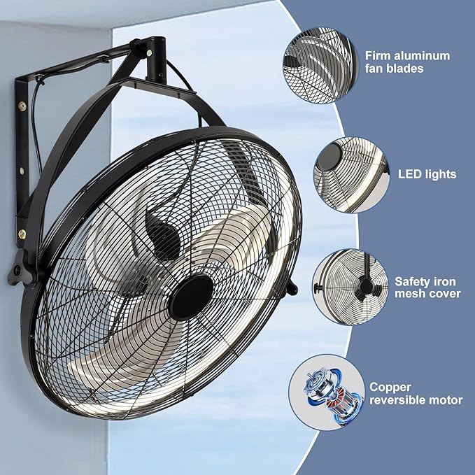 20 inch Wall Mount Fan with Lights and Remote,6-Speed Gazebo Ceiling Fan Adjustable Tilt Dimmable Wall Fan,High Velocity Industrial Outdoor Fans for Patio,Garage,Commercial,Black-PurrikoPets