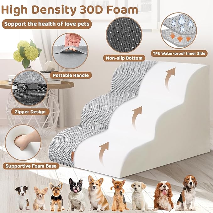 Dog Ramp and Stair for Bed 16" H-20 H,3-Step Cat Stair for Sofa and Chair,4-Step Dog Ramp for High Bed and Window,Durable Nonslip Fabric Cover for Indoor (Light Grey-16 H, Pet Friendly, 3)-PurrikoPets