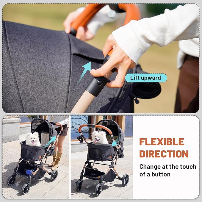 EchoSmile Small Medium Dogs Stroller 4-Wheel Pet Strollers for Medium Dogs Up to 50lbs, One Click Folding Large Cat Stroller, Reversible Handle, Shock Absorbing Wheels, Removable Washable Pad-PurrikoPets