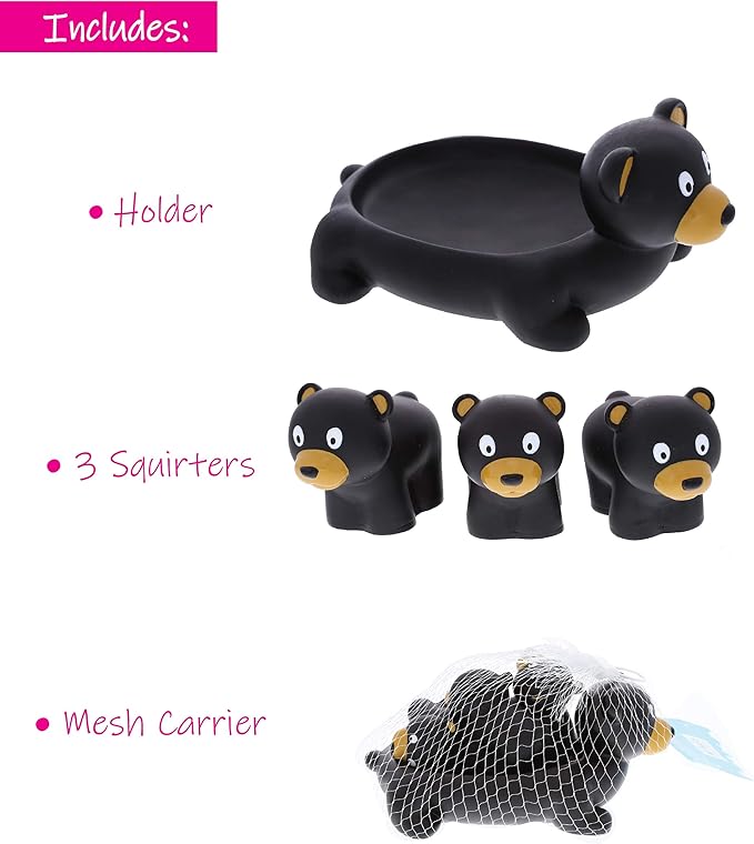 DolliBu Black Bear Animal Bath Toys - Family Animal Water Squirter for Kids, 4-Piece Kid and Baby Bathtub Toys, Fun Bath Time Children, Floating Bath Tub Decor, Rubber Animal Bath Toys, Squirt Toys-PurrikoPets