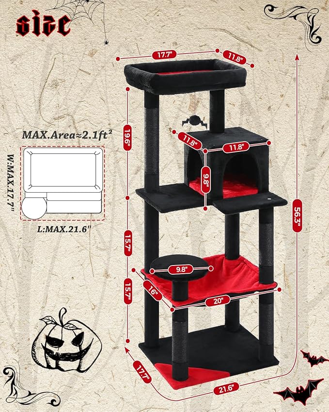 Gothic Cat Tree with Super Large Hammock, 56.3" Black Cat Tower with Coffin Bed, Cat Condo, Sisal Scratching Posts & Top Perch, Multi-Level Goth Cat Tree, Halloween, Black-PurrikoPets