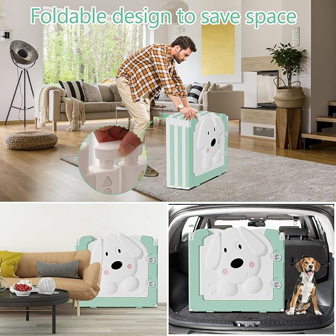 Foldable Dog Play Pen Indoors, Non-Slip Sturdy Puppy Playpen with Door, 25.5" H 10-Panel Adjustable Shape Dog Fence Pen for Small/Medium Dogs, Thickened, Easy to Store, White+Green-PurrikoPets