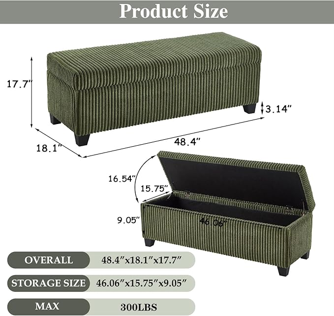 48" Green Ottoman with Storage, Corduroy Storage Ottoman Bench for Bedroom, End of Bed Bench with Safety Hinge for Living Room, Entryway-PurrikoPets