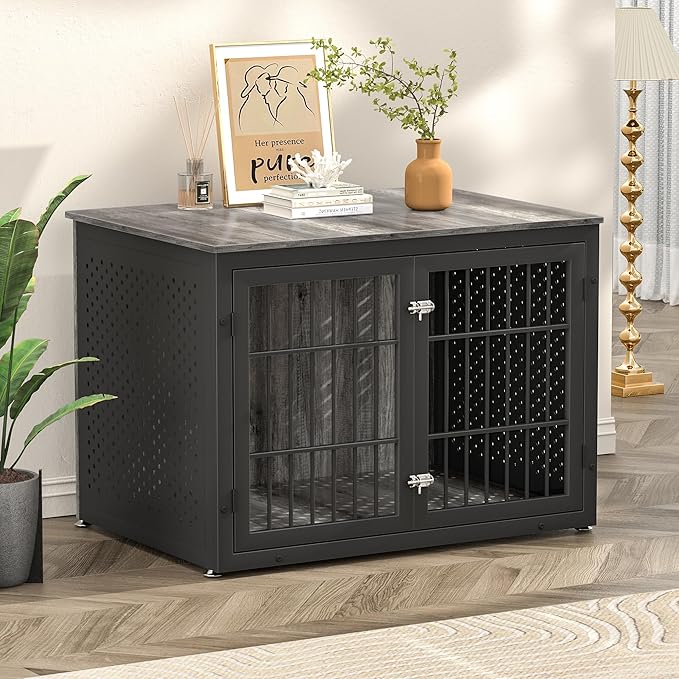 42" Heavy Duty Dog Crate Furniture for Large and Medium Dogs, Enclosed Design Wooden Metal Kennel, Wooden Cage Furniture Indoor, Decorative Dog Kennel End Table-PurrikoPets