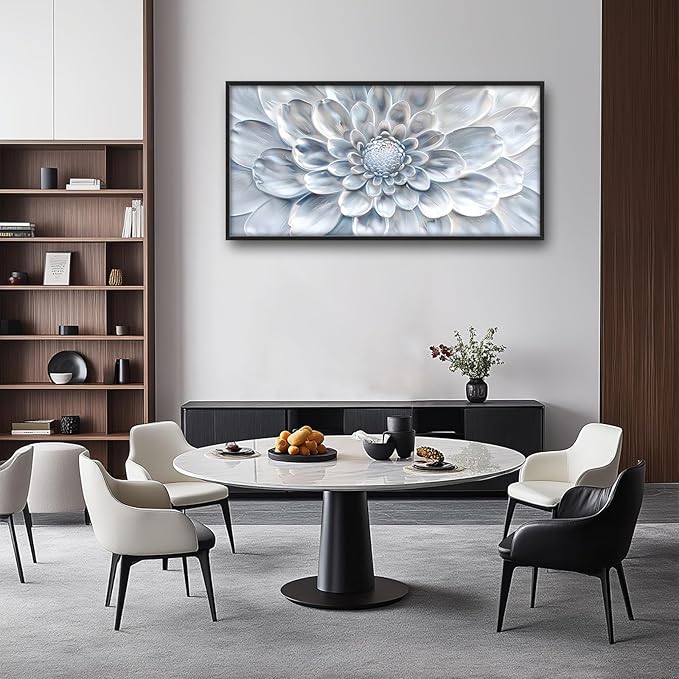 Abstract Flower Large Wall Art White Silver Floral Pictures Wall Decor Neutral Canvas Print Painting Artwork for Bathroom Living Room Bedroom 60L" x 30W"-PurrikoPets
