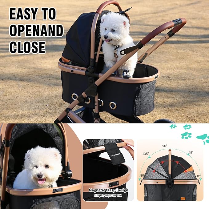 EchoSmile 4 in 1 Pet Stroller, Folding Lightweight Cat & Dog Stroller with Detachable Carrier, NO-Zip 180° Reversible Canopy, All Terrain 4-Wheel,45 lbs Capacity for Small to Medium Dogs-PurrikoPets