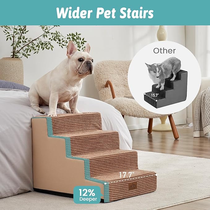 Dog Stairs for Small Dogs, 4 Tier Wider Pet Stairs for Couch and Beds, 17.7" H Non-Slip Dog Steps for Old Cats, Puppy, Small Medium Dogs, 17.7x23.6x17.7 inch, Light Brown-PurrikoPets