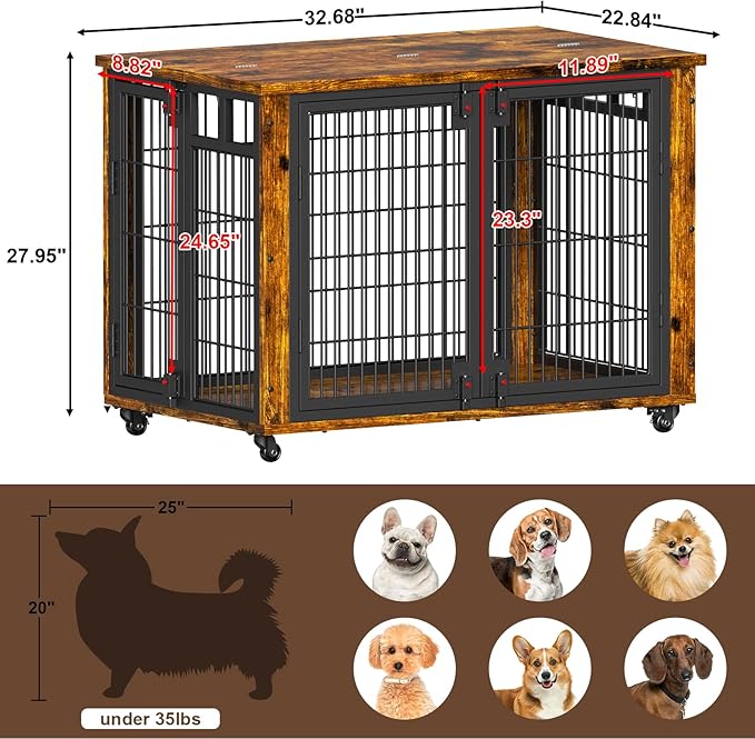 EasyCom 90% Pre-Assembled 33" Small and Meidum Dog Kennel Indoor Furniture, Wooden Dog Crate Furniture with Top-Access Teasing/Feeding Doors, for Medium and Small Breed, with Wheels Moveable-PurrikoPets