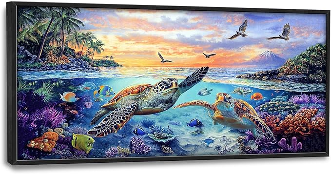 Framed Large Sea Turtle Wall Art for Living Room, Oversized Ocean Turtle Wall Decor Seascape Underwater Marine Life Canvas Painting Home Decoration for Living Room Bedroom Office 60"x30"-PurrikoPets