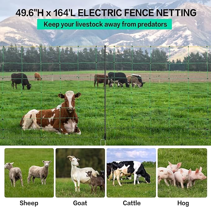 Electric Fence Netting, 49.6" H x 164' L, PE Net Fencing Kit with 14 Posts Double Spiked, Utility Portable Mesh for Sheep Hogs Goats Deer Dogs Lambs Used in Backyards Farms Ranches Patio, Green-PurrikoPets