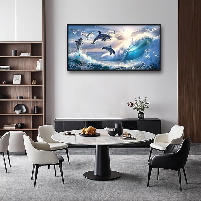 Dolphin Seagull Large Wall Art Sea Ocean Waves Sunrise Pictures Wall Decor Nautical Coastal Canvas Print Painting Artwork for Bathroom Living Room Bedroom 60L" x 30W"-PurrikoPets