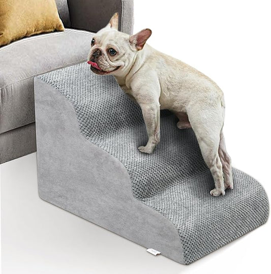 Dog Stairs for Small Dogs - High Density Foam Dog Ramp, Extra Wide Pet Steps with Non-Slip Bottom for High Beds, Couche and Sofa, Best for Dogs Injured, Older Doggy Cats (Grey, 3 Steps)-PurrikoPets