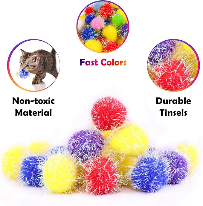 30 Pieces 1.6 inches Sparkle Pom Pom Balls for Cat - Interactive Glitter Balls, Multicolor, Best as Kitten Play Toys-PurrikoPets