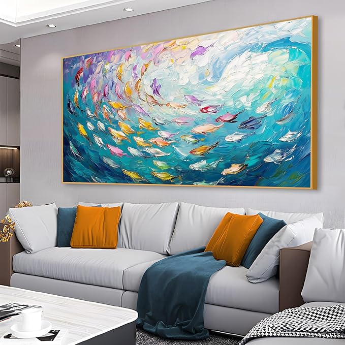 Fish Canvas Wall Art, Abstract School of Fish Canvas Wall Art, School of Fish Painting Canvas, School of Fish Wall Art, Fish Wall Decor, Fish Pictures Wall Decor, Bedroom Canvas Wall Decor (Gold Framed, 30"x17" | 76x43cm)-PurrikoPets
