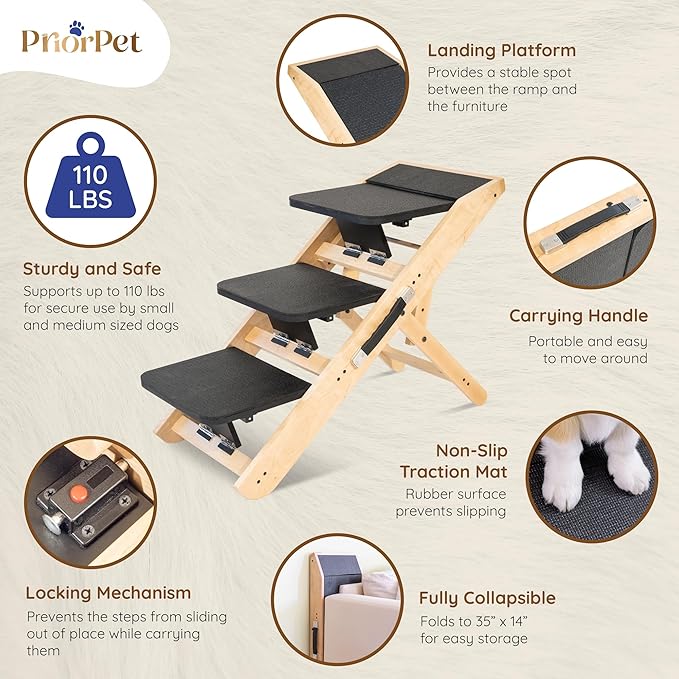 Dog Steps for Bed & Couch 2-in-1 Dog Stairs/Ramp - Height Adjustable Dog Ramp for Couch 7” - 20” - Pet Stairs, Dog Stairs for Small Dogs - Easy to Move Pet Steps with Landing Platform, Natural-PurrikoPets