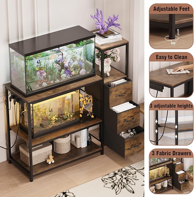 20 Gallon Aquarium Stand with Power Outlets Fish Tank Stand with 3 Drawers Metal Frame Heavy Duty Reptile Tank Stand with 3-Tier Storage Shelves,Left/Right Assembly, Adjustment Height-PurrikoPets