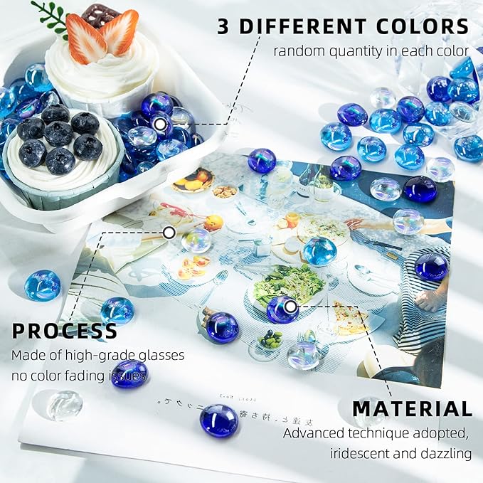FUTUREPLUSX 1LB Iridescent Flat Glass Marbles, Blue Mixed Glass Beads Vase Fillers Decorative Gem Pebbles Sparkling Floral Fish Tank Rocks for Vases Table Scatter Aquarium Decor DIY Craft-PurrikoPets
