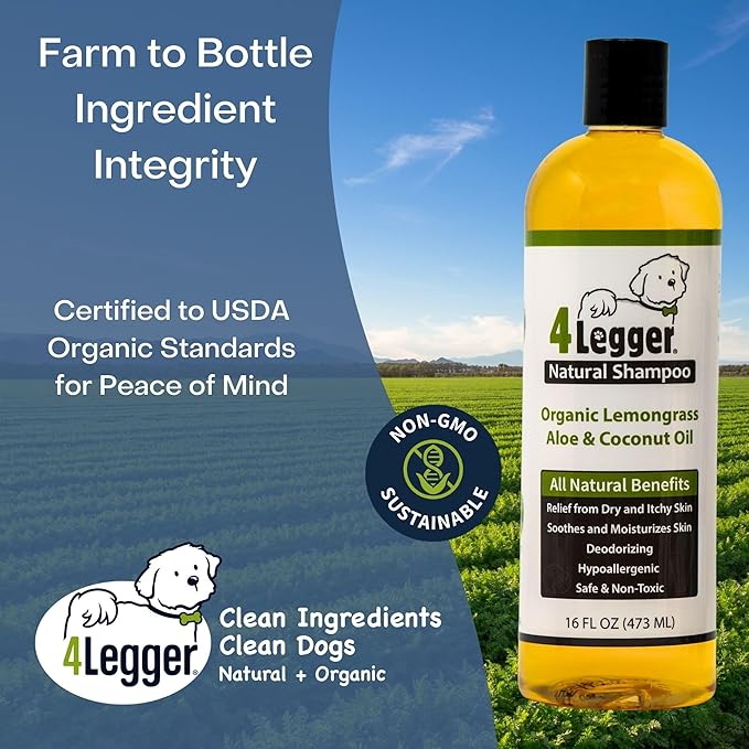 4-Legger Certified Organic Dog Shampoo - All Natural and Hypoallergenic with Aloe and Lemongrass, Soothing for Normal, Dry, Itchy or Allergy Sensitive Skin - Biodegradable - Made in USA - 16 oz-PurrikoPets