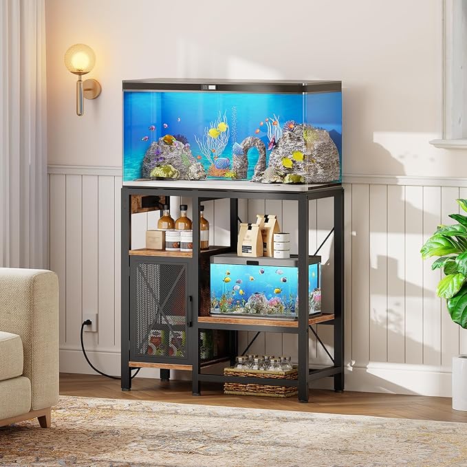 20-37 Gallon Fish Tank Stand, Aquarium Stand with Power Outlet and Storage Cabinet, Heavy Duty Tank Stand Suitable for Turtle Tank, Reptile Terrarium, for Home Office, Rustic Brown FTHR40E01-PurrikoPets