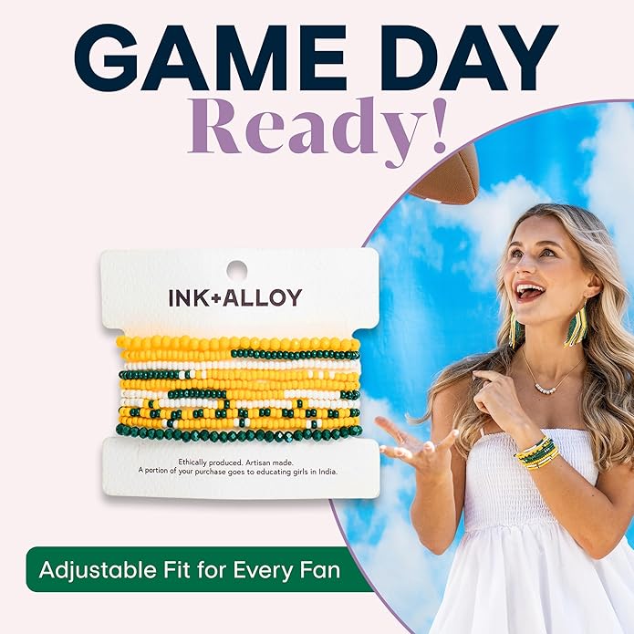 INK + ALLOY Game Day Bracelet Stacks, Beaded Bracelets for Football Gameday Outfits, Handmade Jewelry for College Students, Teachers, Football Moms, Set of 10