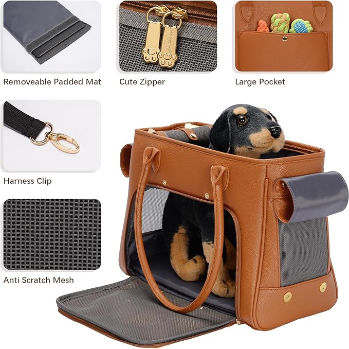 Fashion Pet Carrier Purse for Small Cat and Dog, Luxury Pu Soft-Sided Tote Bag with Large Pockets for Dogs and Puppies (Brown, 15.8" L x 7.5" W x 11.8" H)-PurrikoPets
