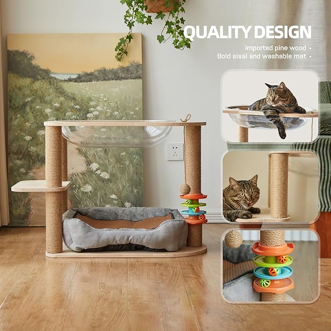 2 Tier Cat Tower,21.85 in cat Perch Wood cat condo with Hammock and Sisal Rope Scratcher Post Hanging Toy Balls for Indoor Large Cats Kittens (Grey)-PurrikoPets