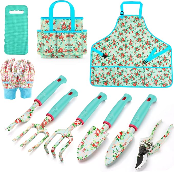 Garden Tools Set WANCHI 10 Piece Heavy Duty Floral Garden Tool Set Gardening Gifts for Women Men Birthday Rust-Proof Aluminum Garden Hand Tools Gardening Kit with Tote Bag Apron Glove-PurrikoPets