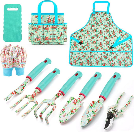 Garden Tools Set WANCHI 10 Piece Heavy Duty Floral Garden Tool Set Gardening Gifts for Women Men Birthday Rust-Proof Aluminum Garden Hand Tools Gardening Kit with Tote Bag Apron Glove-PurrikoPets