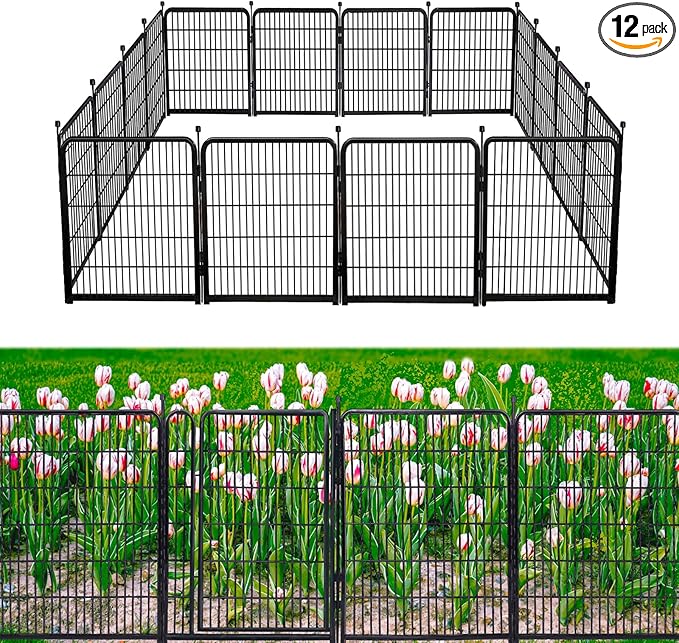 Garden Fencing 48in High No Door, 12 Panels Total 26.6Ft(L) Dog Fence Outdoor for Yard. Black Metal Fencing for Yard 4ft Tall, Flower Bed Fence, Animal Barrier Fences-PurrikoPets