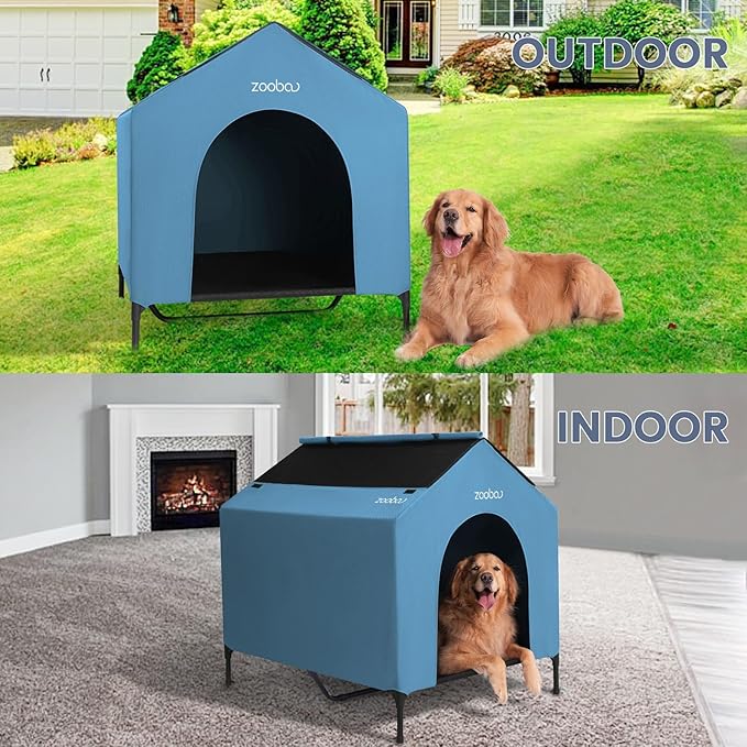 42" 2-in-1 Dog House for Medium Dogs, Elevted Dog House Outdoor/Indoor, Puppy Shelter Outside,Water Resistant 600D PVC and Durable 2x1 Textilene Raised Dog Bed(Blue)-PurrikoPets